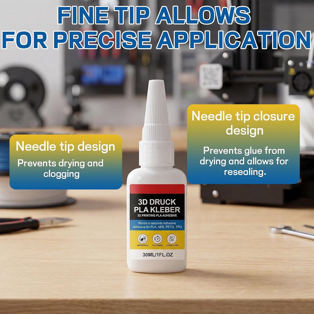 2 stuks 3D-printlijm, PLA-lijm, 3D-printerlijm, 60 g, transparant, met anti-verstoppingskap, snel uitharden, eenvoudig - ShopVlot