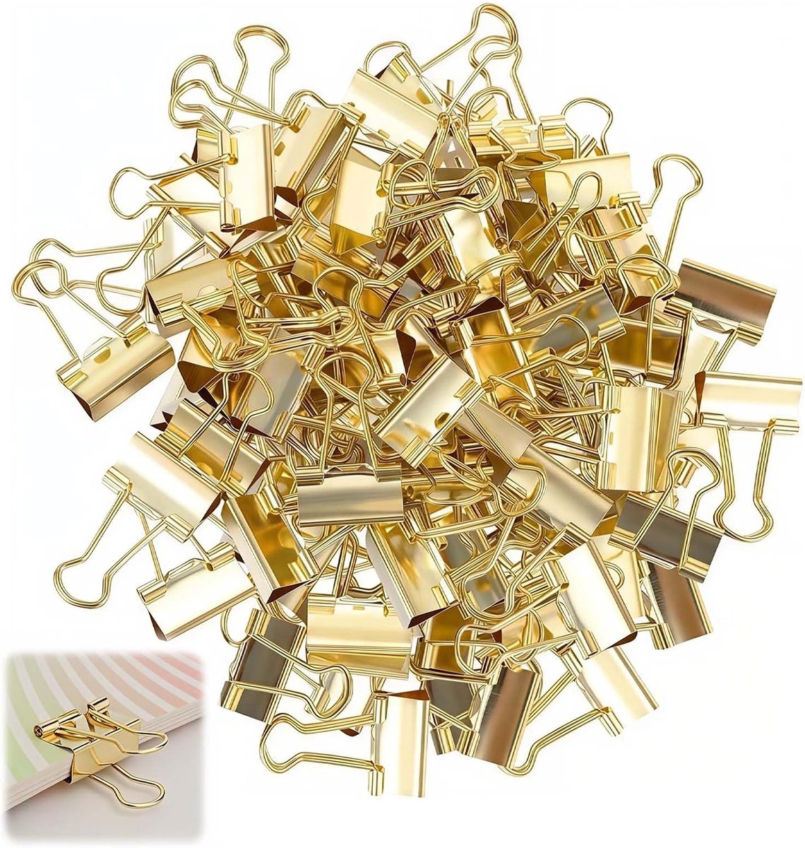 Foldback klemmen, goud, paperclips, klein, 19 mm, bindclips, paperclips, metalen clips, paperclips, bindclips - ShopVlot