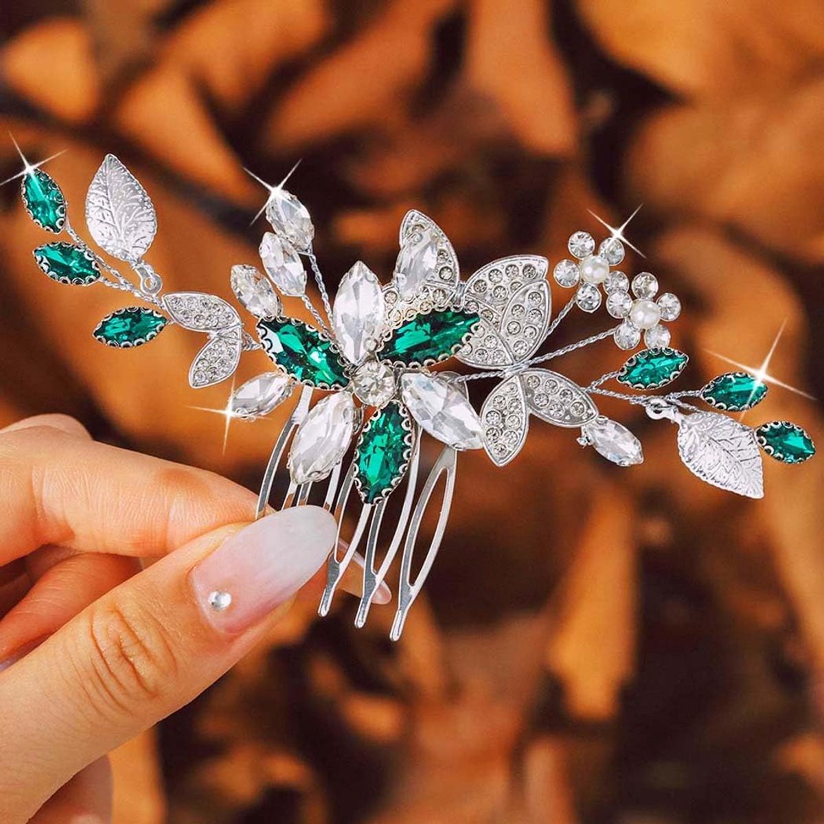 IYOU Sparkly Crystal Wedding Hair Comb Green Bridal Hair Accessories Flower Leaf Prom Hairpieces for Bride and - ShopVlot