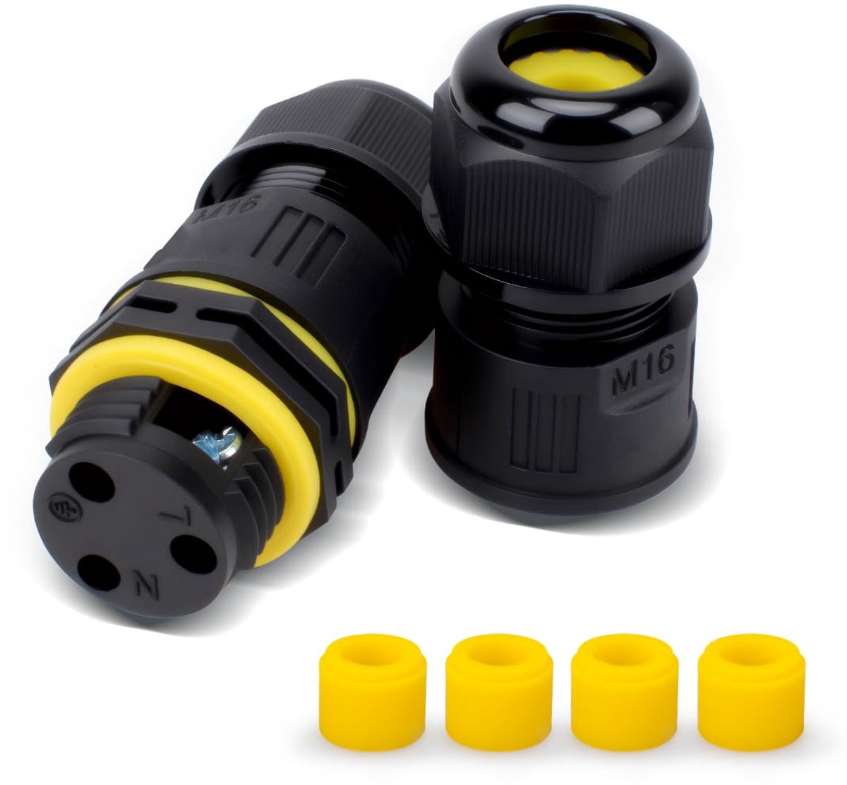 1 pcs waterproof outer cable connector, M16 screw crimping, 3 Poles for 3 to 6.5mm cable, with 4 pcs wire clamp rubber - ShopVlot