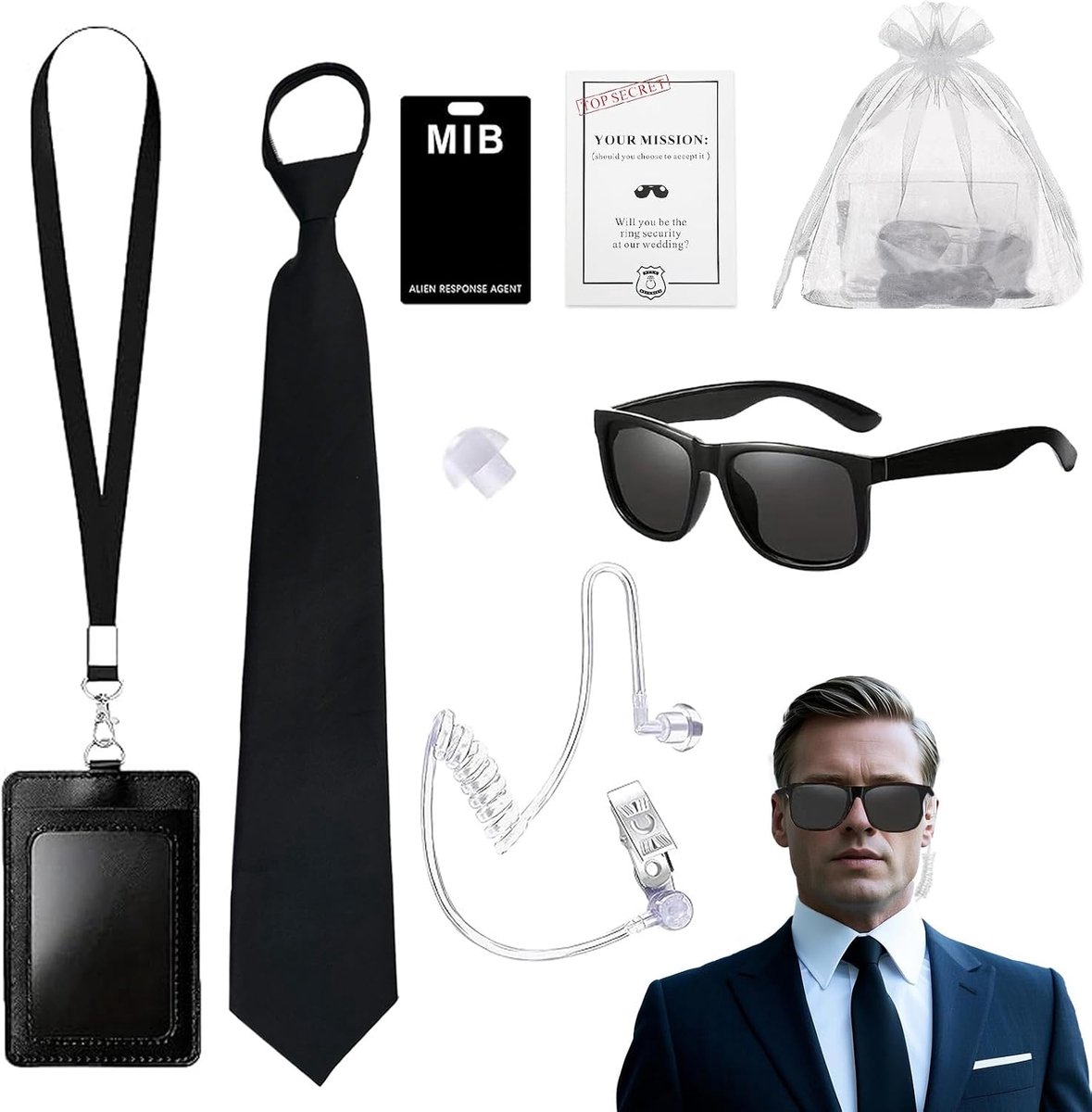 WanderGo 7pcs Secret Agent Costume Accessories, Black, One Size, Black, One Size - ShopVlot