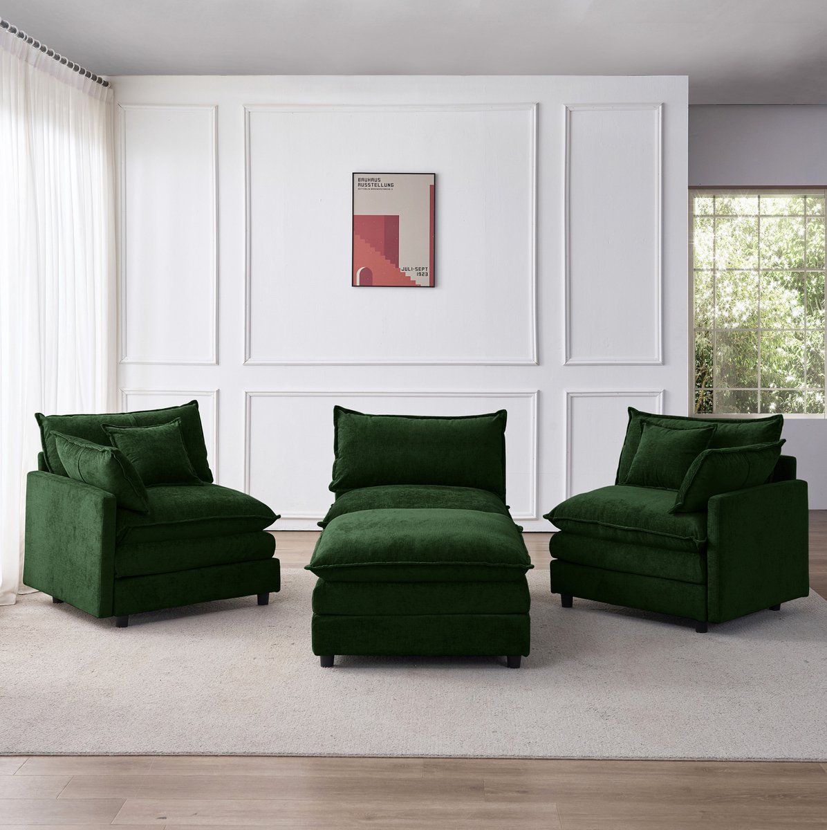 DESMIU Hoekbank 3-Zits Met Hocker - Modulair En Flexibel - Voor Woonkamer En Lounge - Chenille - Groen