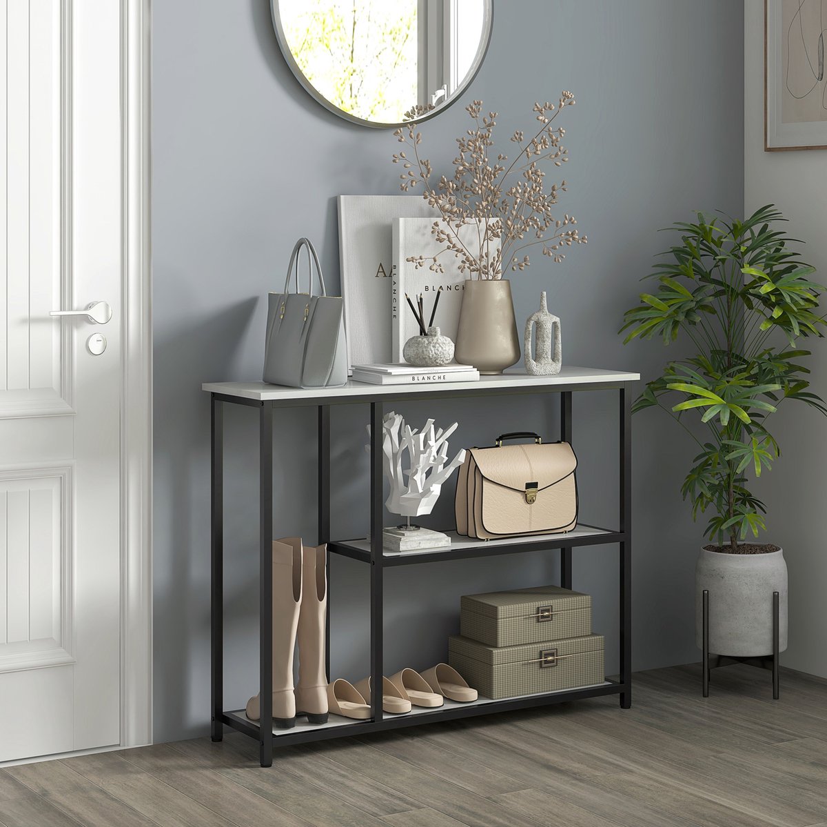 OKWISH Sidetable - Modern - 2 Open Vakken - Met Kantelbeveiliging - Voor Hal En Woonkamer - Wit Metaal En Spaanplaat - 100 X 30 X 80 Cm