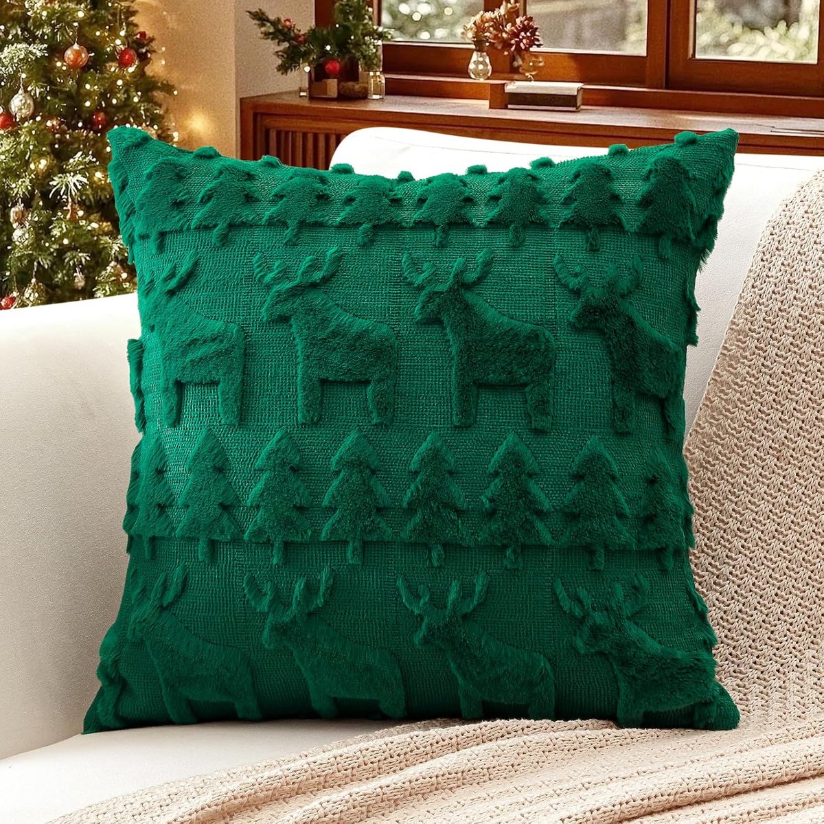 Kussenhoes 55x55 cm - Luxe pluche kort wol velours - Kerstdesign - Perfect voor de bank - ShopVlot