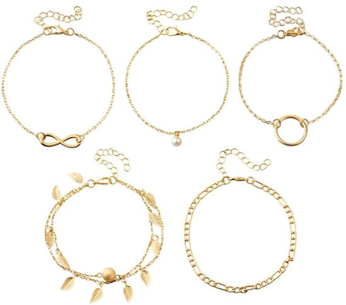 Enkelband Gelaagd - 10 Gouden Enkelbanden - Verstelbare Lengte - Diverse Ontwerpen - Sierlijke Enkelarmbanden - Geschikt voor Verschillende Gelegenheden - Enkelsieraad