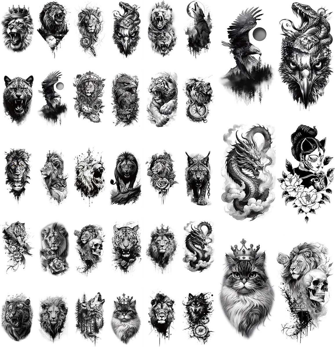 Tijdelijke Tattoo Sticker Set - 30 Dieren Stickers en 6 Half Arm Tattoos - Unieke Zwart Design - Perfect voor Iedereen - ShopVlot