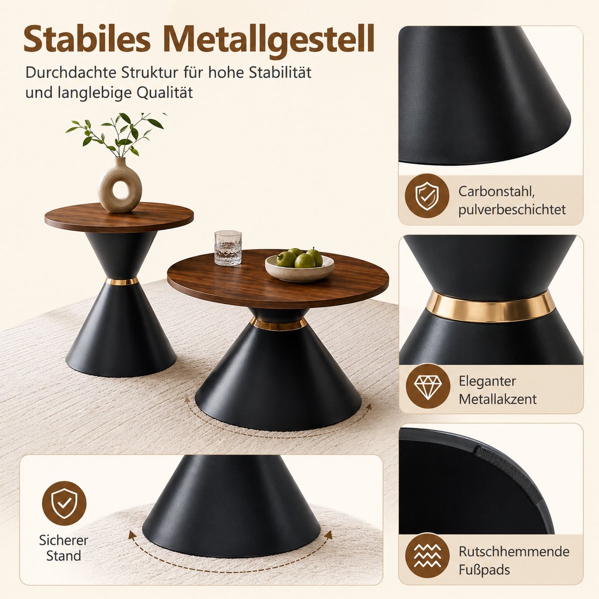 2-delig Ronde Salontafelset - Couchtafels Met Walnootlook En Zwarte Metalen Conusvoet Walnoot Zwart