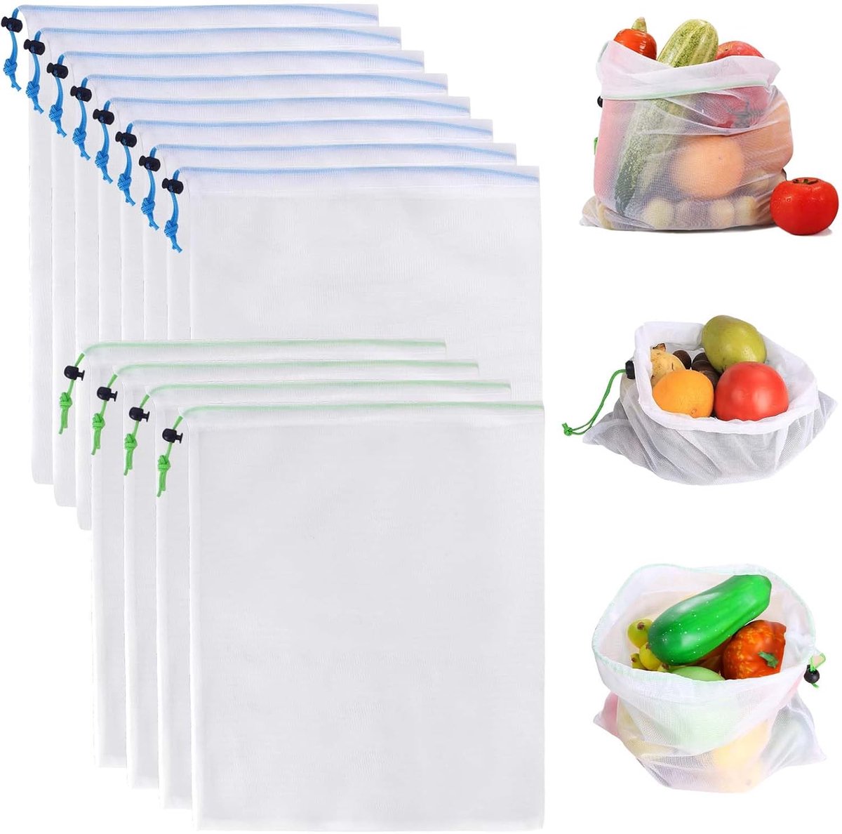 Herbruikbare fruit en groentezakken 42 x 30 cm - mesh materiaal - afsluitbaar - vervang plastic zakken - ShopVlot