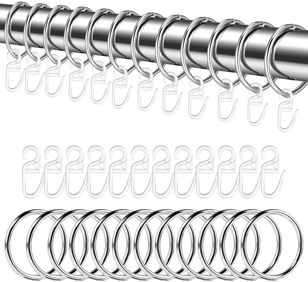 Solidchoice - Set van 24 Zilveren Gordijnringen met Plastic Haken