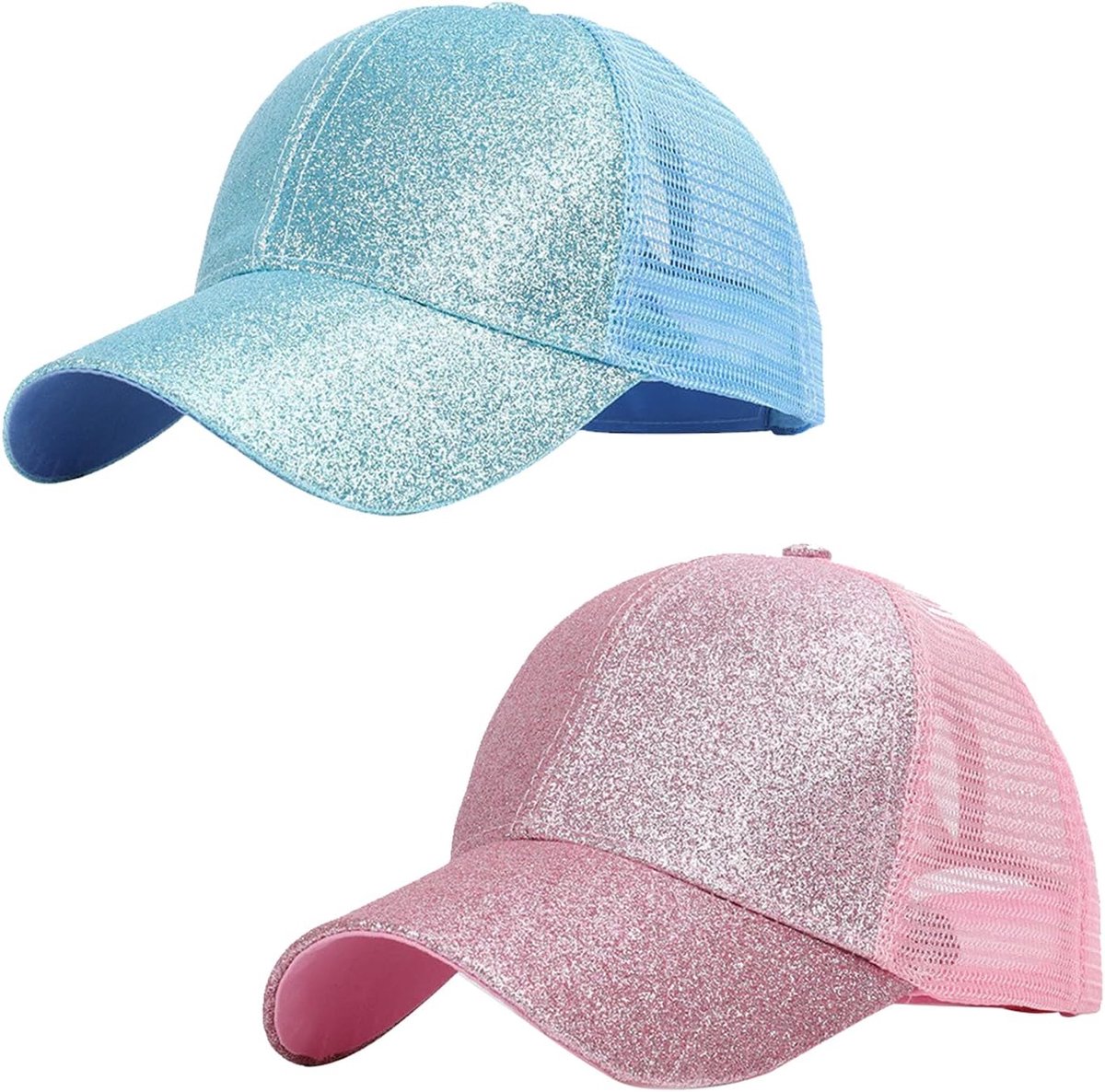 Baseballcap Glitter Ponytail - Blauw/Roze - Verstelbaar Net - Perfect voor Zomeractiviteiten - ShopVlot