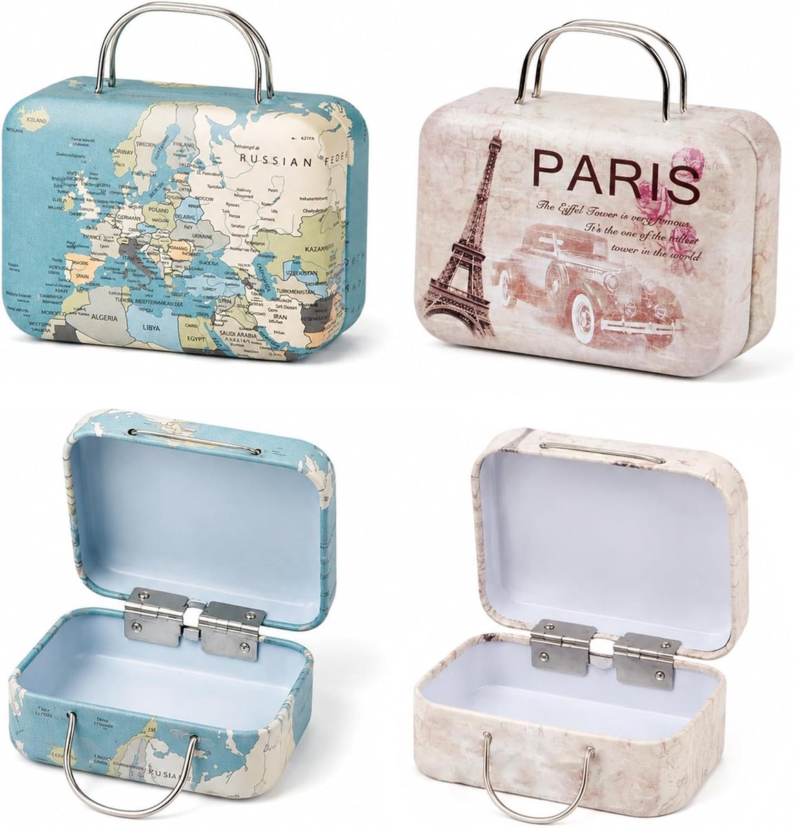 Miniatuurkoffers 7,5 x 5,5 cm - Bedrukt met wereldkaart en auto - Creatief voor souvenirs - Perfect voor verjaardagen - ShopVlot