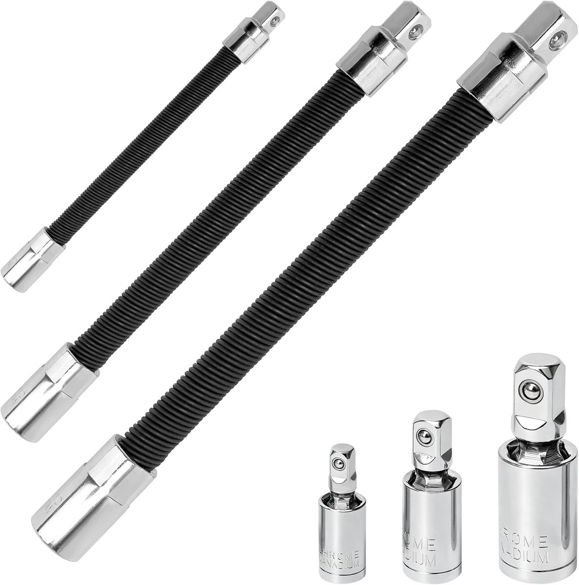 Flexibele ratelverlenging 3 stuks - 1/2 inch, 1/4 inch, 3/8 inch - stalen stangen - ideaal voor moeren en bouten - ShopVlot