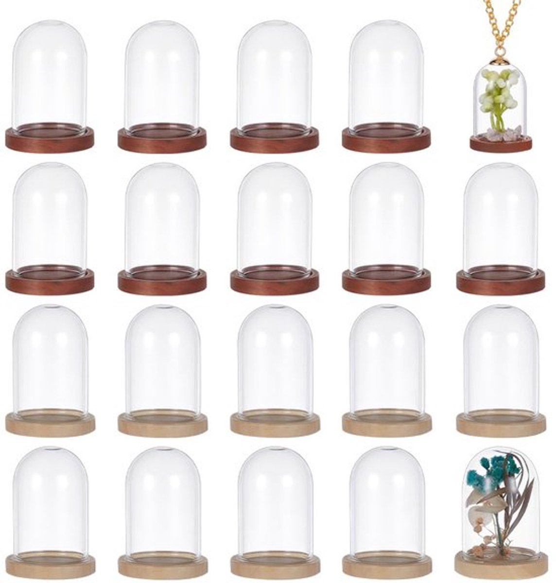 20 sets mini eeuwige bloemen glazen koepelvormige stolp, helder glazen koepeldeksel met 2 kleuren houten basis decoratieve stolp voor bruiloftsdecoratie plantenspecimens knutselgunsten, 3,6 × 3 cm