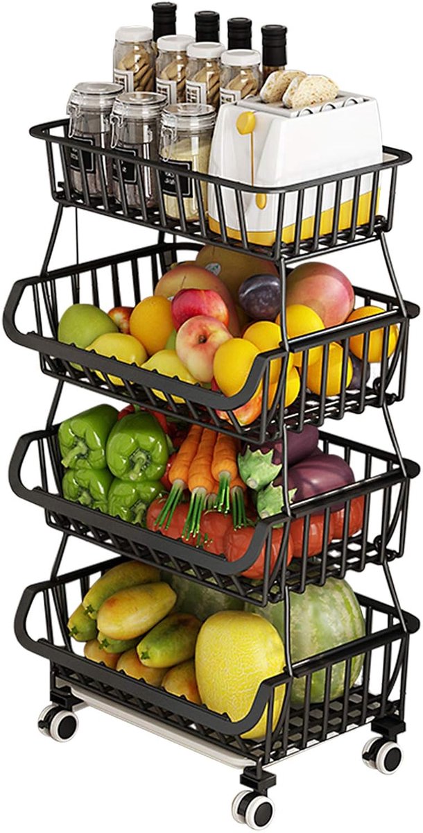 BRIAN & DANY Fruit Holder with Wheels and Lid, 4-Step Stackable Fruit Basket Holder, Kitchen Baskets with Wheels - ShopVlot