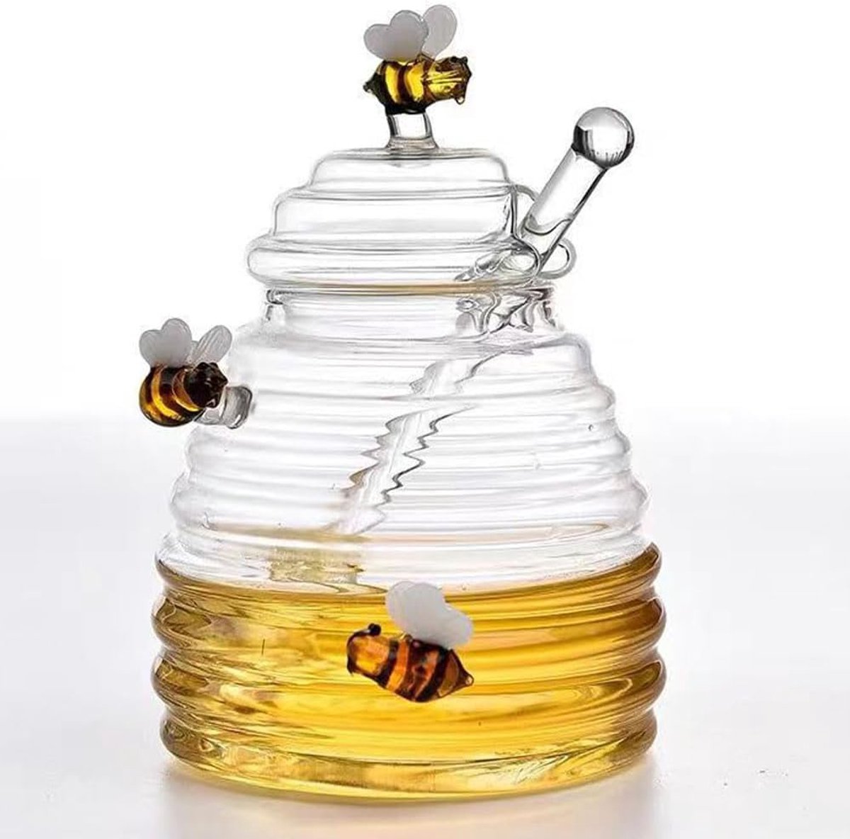 450ml glass honey jar with artistic bee decorations and glass dipper - ShopVlot