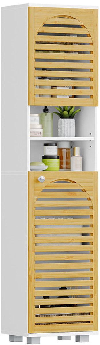 Hzuaneri Bamboe Badkamerkast, Hoge Badkamerkast met Verstelbare Planken, Keukenkast met 2 Bamboe Deuren en 2 Open Vakken, voor Woonkamer, Badkamerkast, 30 x 40 x 171,5 cm Wit