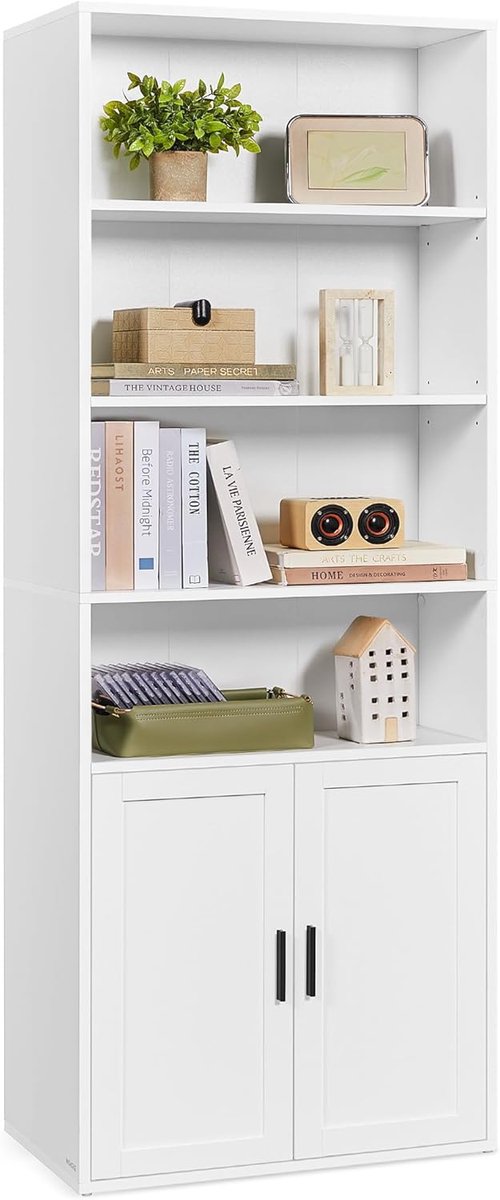 Conway Living® Hoge Boekenkast - Vakkenkast met 6 Niveaus en Deurtje - Verstelbare Planken - 24x60x175 cm - Wolkewit