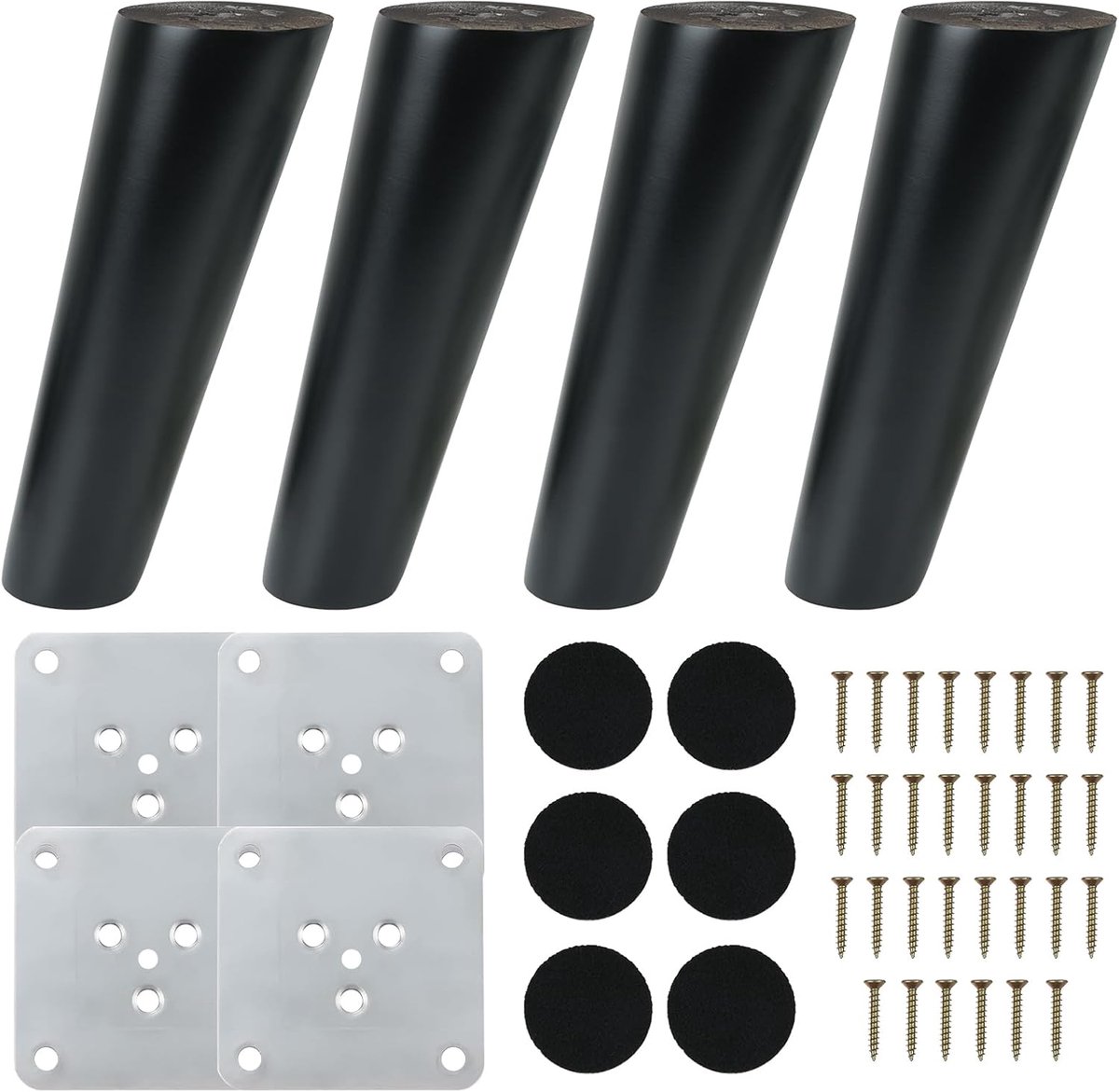 Pack of 4 Furniture Legs Black Wood 12 cm with Mounting Plate Screws Non-Slip Pad Replacement Legs for Cupboard, Sofa - ShopVlot