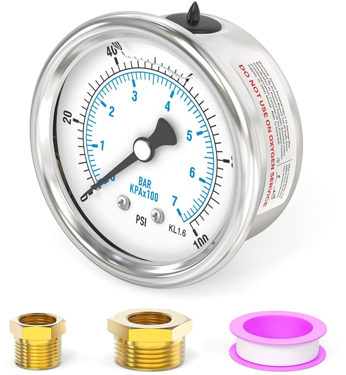 0-7 bar/0-100 psi stainless steel 1/8" BSP 2.5" dial liquid filled pressure gauge, rear mounting with 3/8" x 1/8" and - ShopVlot