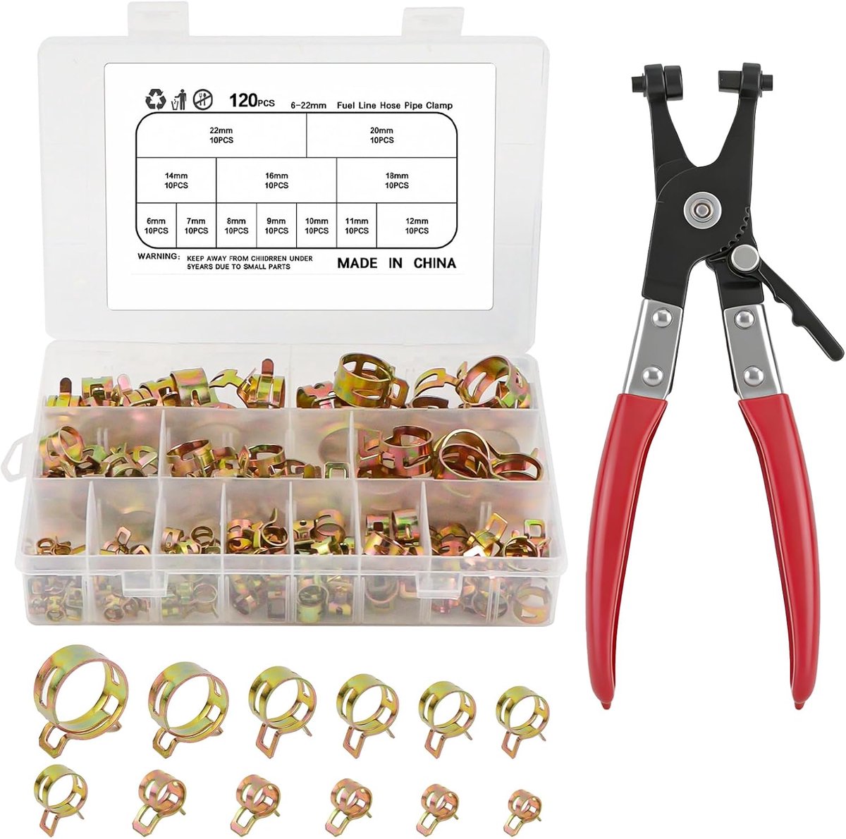 120 stuks slangklemmen met slangklemtang, 6-22 mm veerbandklemmen, set van 12 slangklemmen, assortiment voor auto - ShopVlot