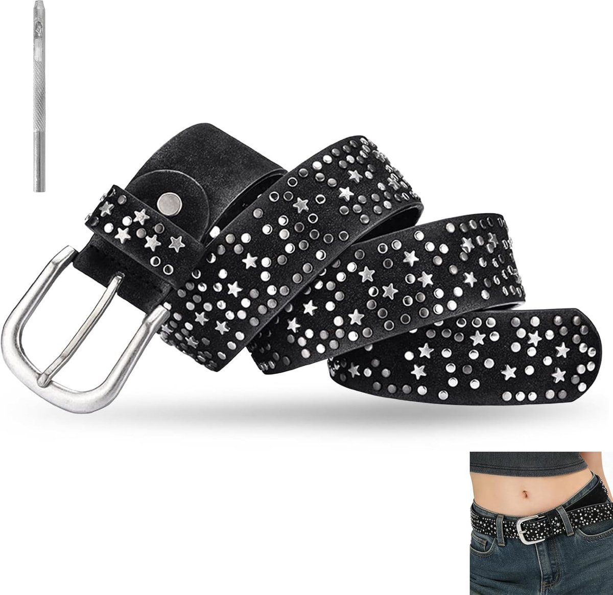 Leren riem voor dames, 110 cm, vintage, breed, 3,8 cm, riem met klinknagels in verschillende kleuren, in te korten - ShopVlot