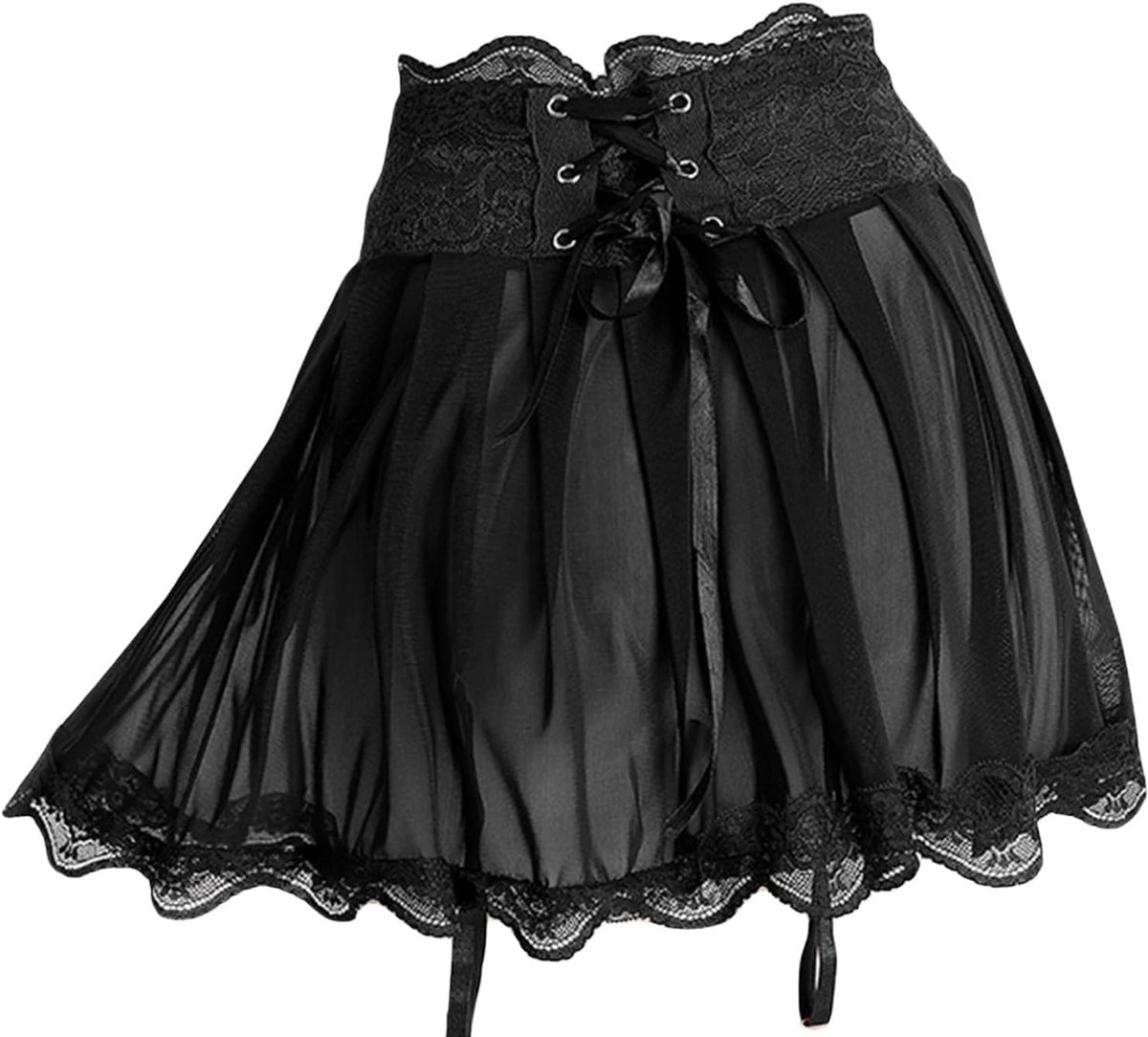 Women's Black Mini Skirt Sexy Mesh Mini Skirt Adjustable Skirt With Ribbons Waist Size L - ShopVlot