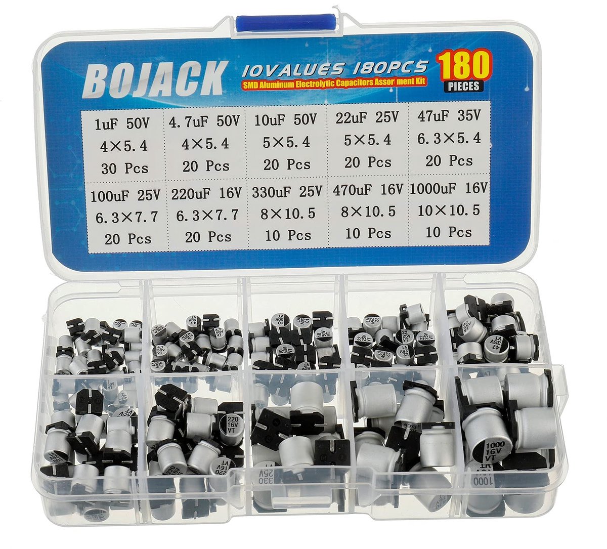 BOJACK 10 Values 180pcs 1uF~1000uF SMD Aluminum Electrolytic Capacitors Assortment Kit - ShopVlot