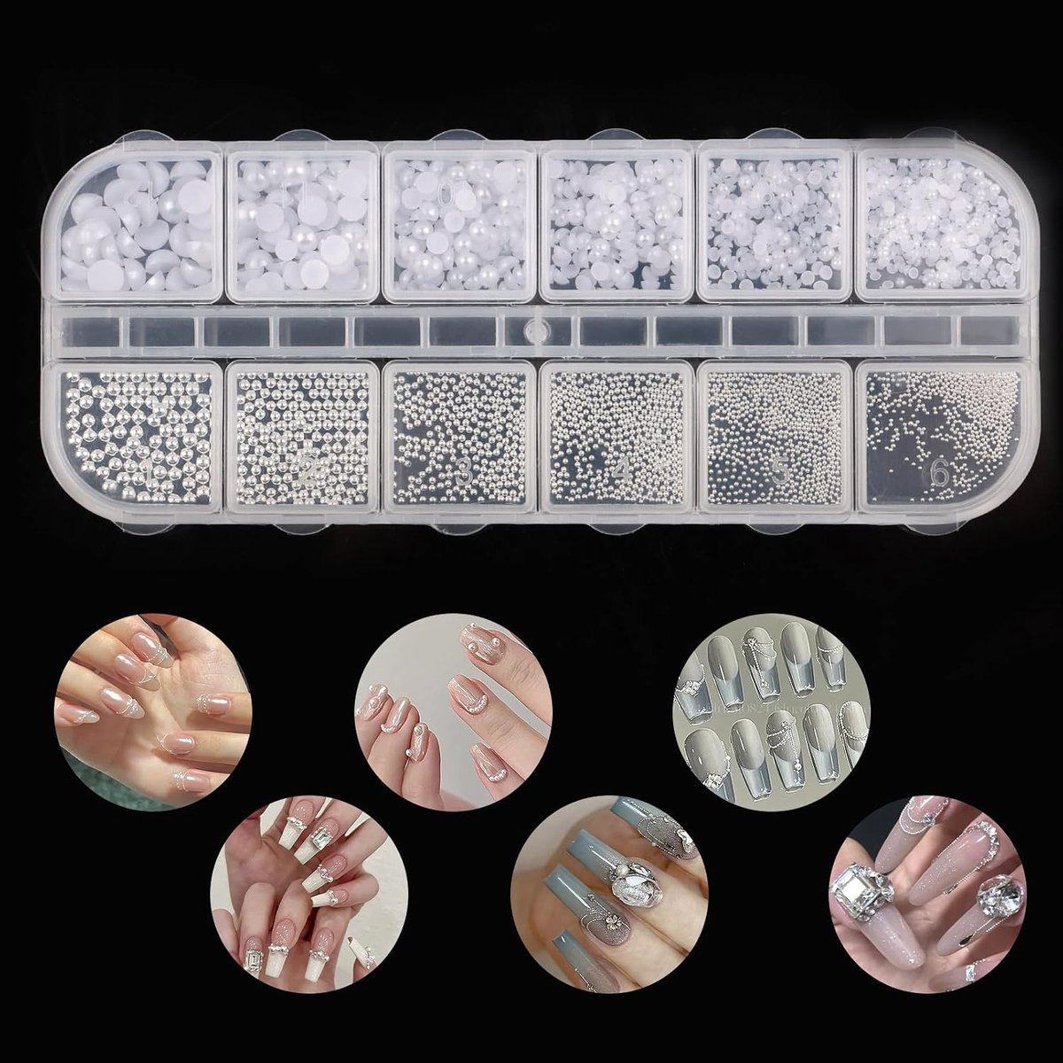 Nail Art Rhinestones, 1 Box, Nail Charms, 12 Types of White Beads for Nails, Flat Back, Small Stainless Steel Beads - ShopVlot