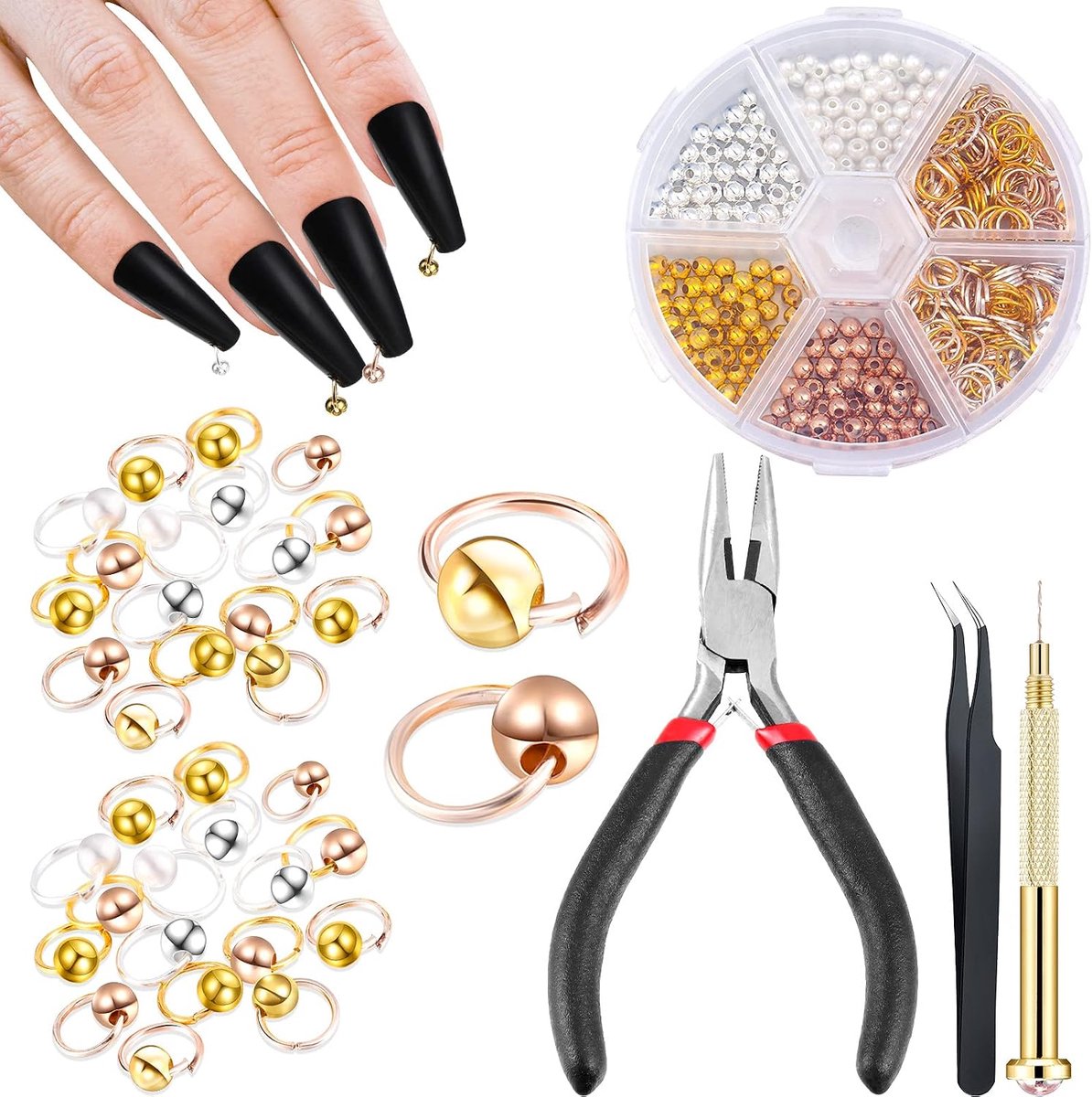 503 Piece Charm Set, Nail Art Pendant with Drill Tools, Hand Drill for Nails, 4 Colours, Round Spacer Beads and 7mm - ShopVlot