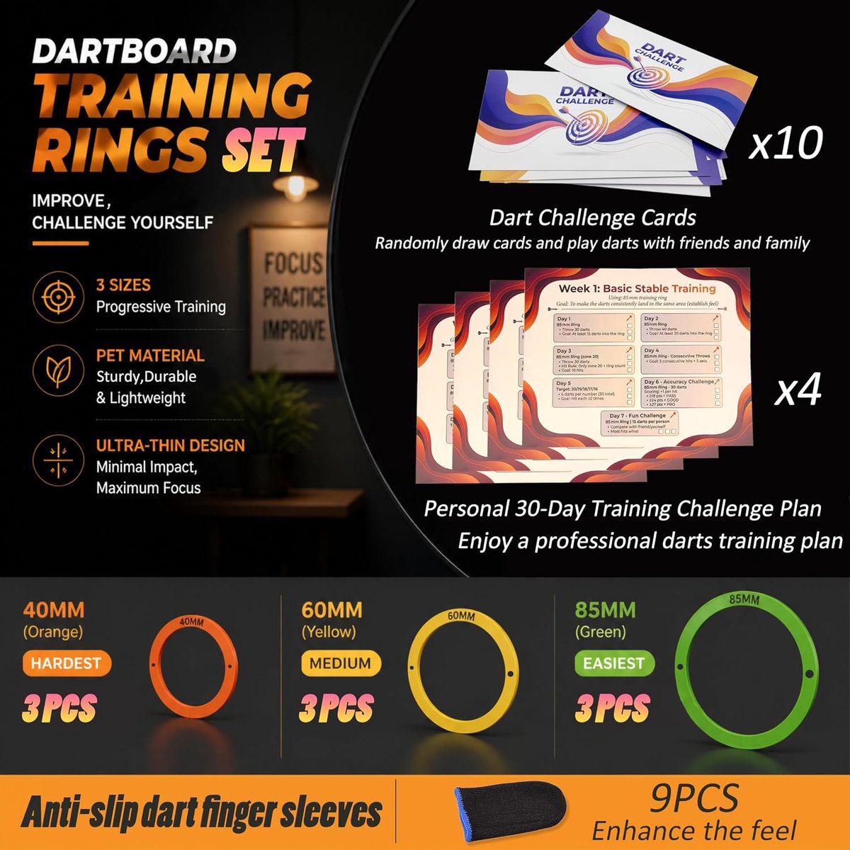 Dart Trainingsset – 30-Dagen Präcisie Challenge met 9 Trainingsringen (40/60/85mm), 9 Anti-slip Vingerringen, 10 - ShopVlot
