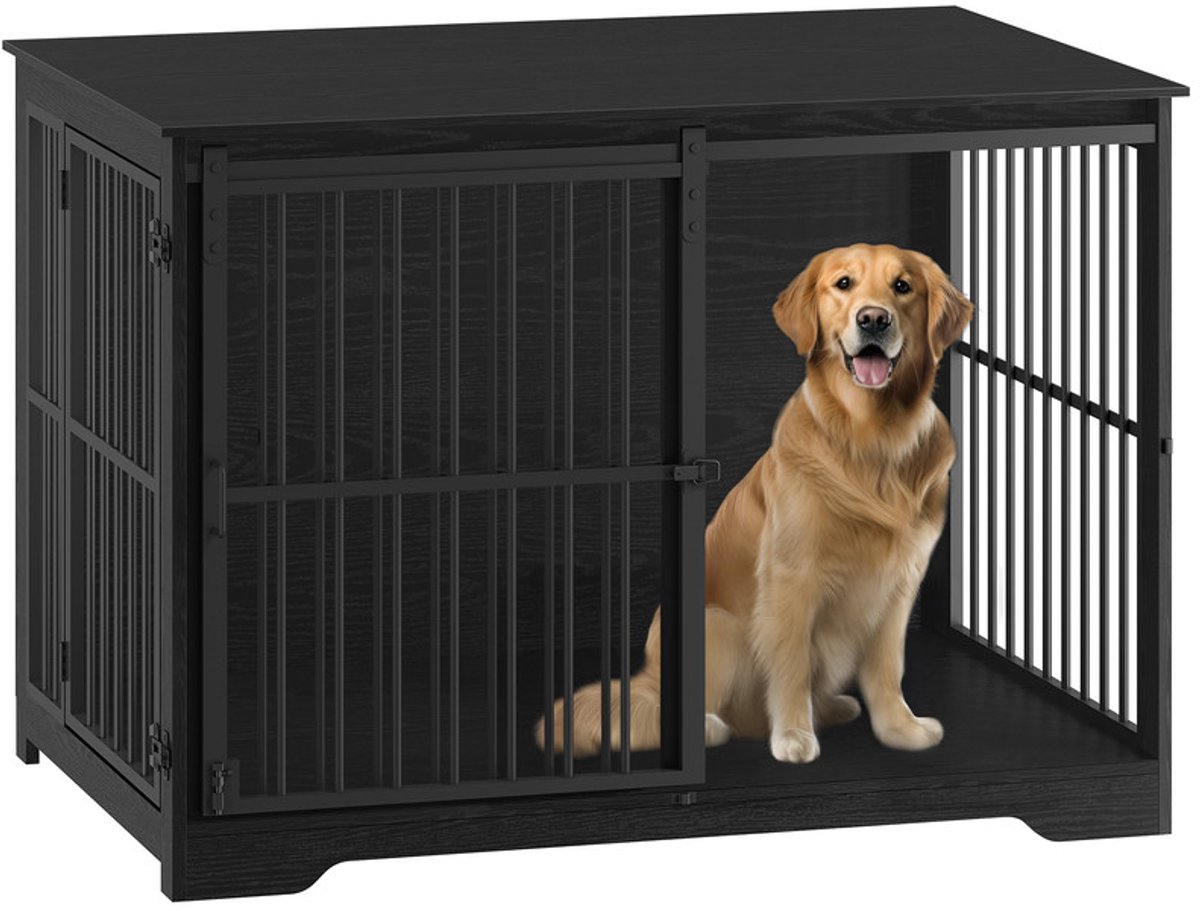 Hzuaneri 110cm Hondenkooimeubel, hondenbox, 2 deuren, moderne hondenkooi voor binnen voor kleine/middelgrote/grote honden, bijzettafel, versterkte schuifdeur, 110 × 65 × 81 cm, Zwart