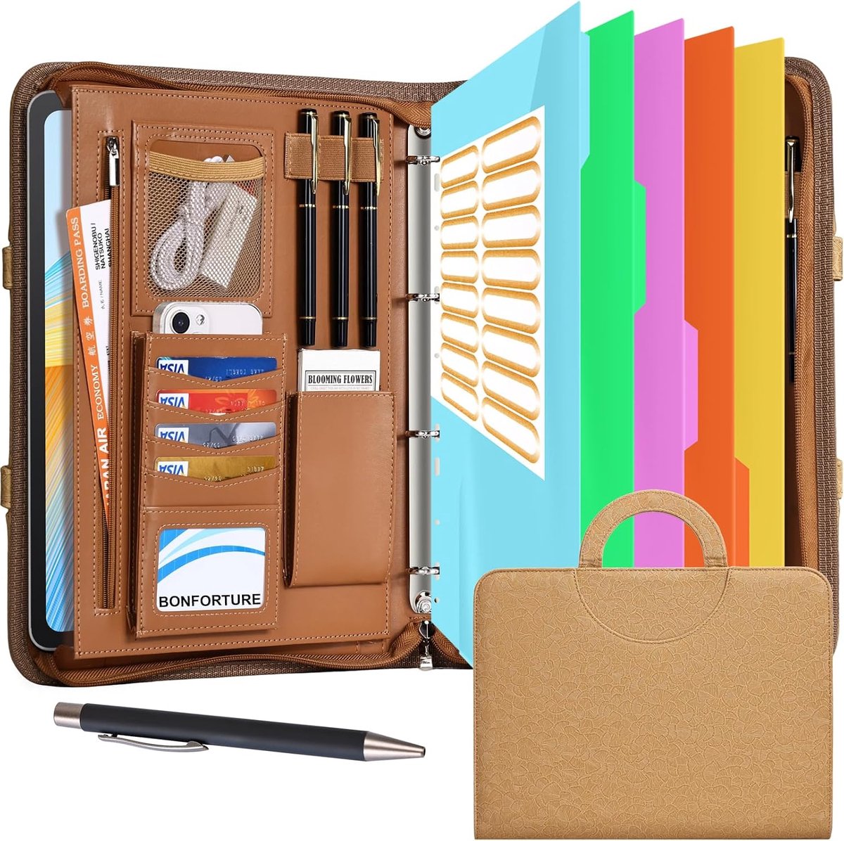 A4 Writing Folder with 5 Registers, Conference Folder with 4 Ring Binder, Zip, Handle, Clipboard, Notepad, Pen - ShopVlot