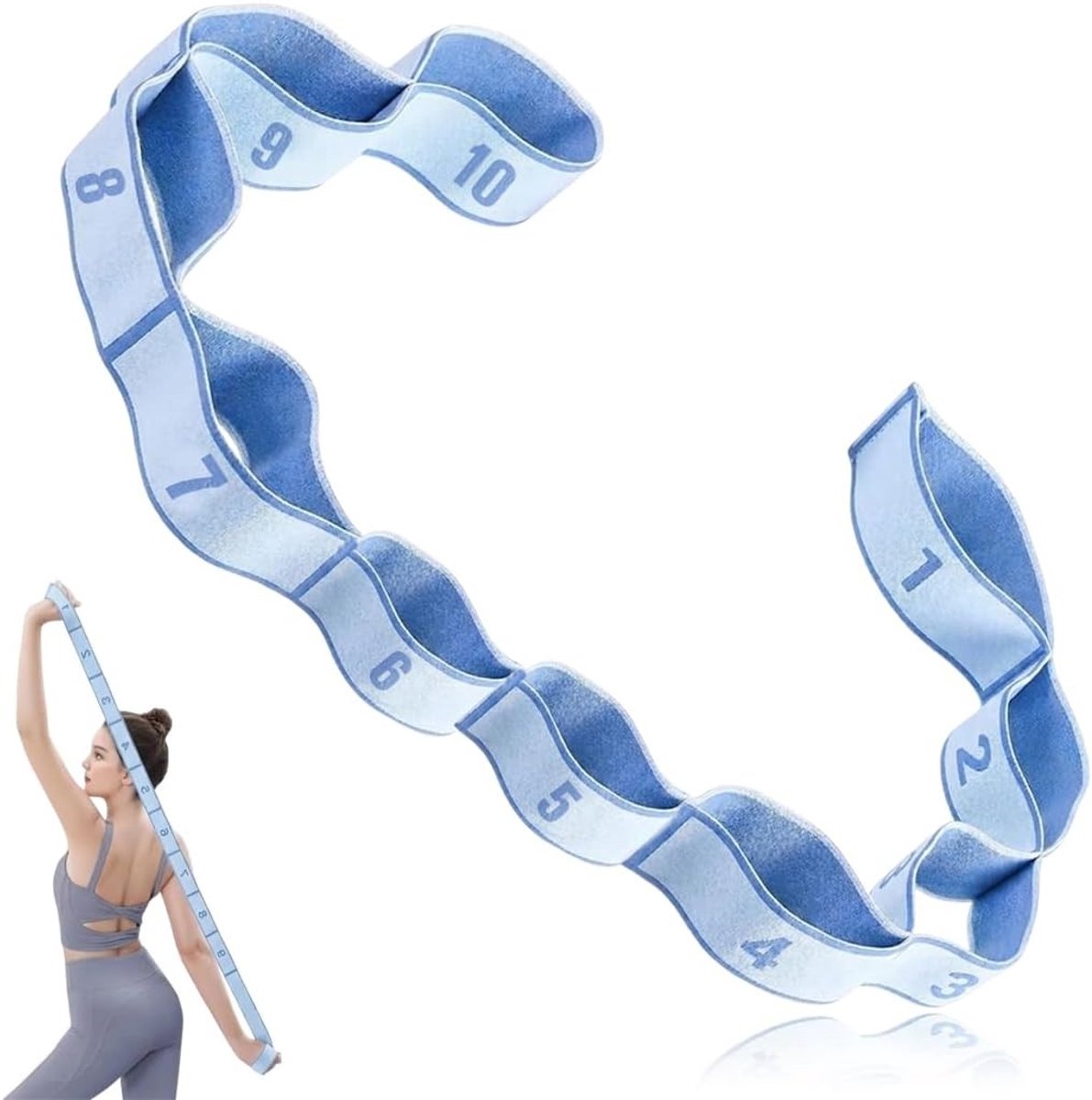 10-vaks Rekbare Yogariem - Weerstandsband voor Yoga, Pilates, Stretching en Fysiotherapie - 4 * 115cm - Lichtblauw en Flexibel voor Optimale Ondersteuning