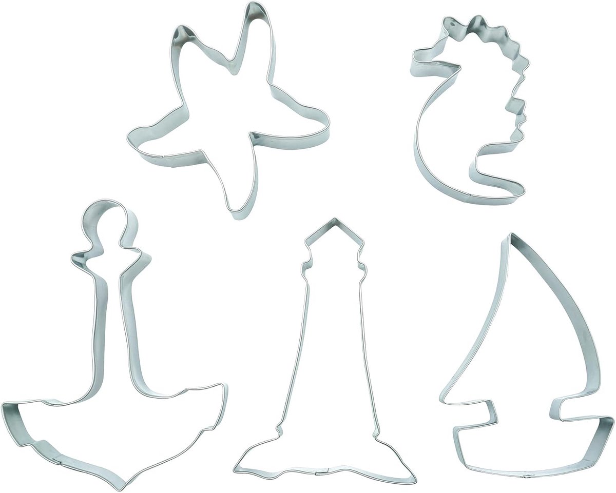 BekkiB 880204 Set of 5 "Maritim" Sailboat Lighthouse Anchor Starfish Seahorse Cookie Cutters Stainless Steel Cookie - ShopVlot