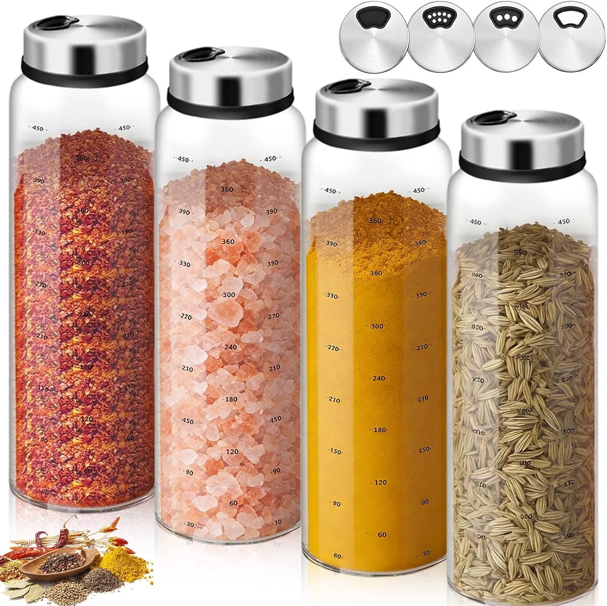 4 Glass Spice Jars with Rotating Lid, 500 ml, Large Borosilicate Glass Spice Jars, Food Quality, Spice Jars with 3 - ShopVlot