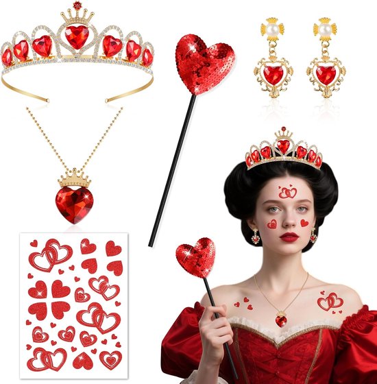 Queen of Hearts kostuumaccessoires - hartvormige kroon - rode hartketting - perfect voor Halloween - ShopVlot