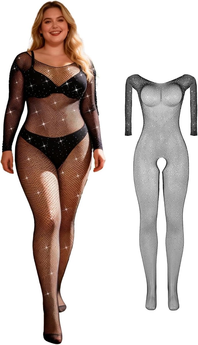 Bodystocking plus size - zwarte kant - met rhinestones - sexy en comfortabel - ShopVlot