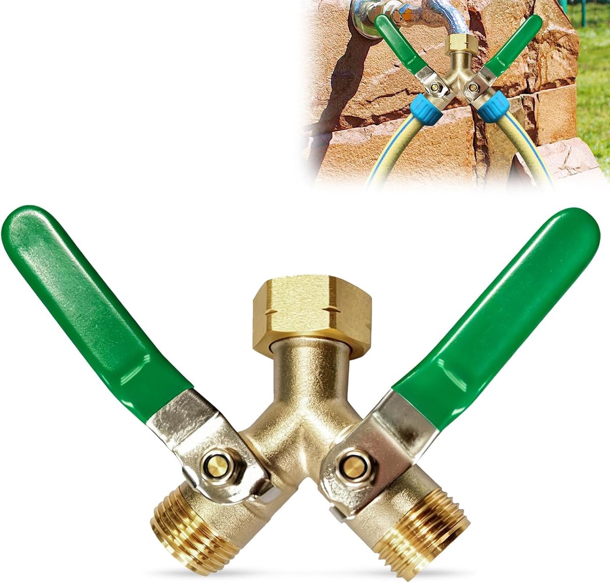 Tweewegs waterdistributor 3/4 inch - Messing Y verdeler - Met 2 aparte afsluitkranen - ShopVlot
