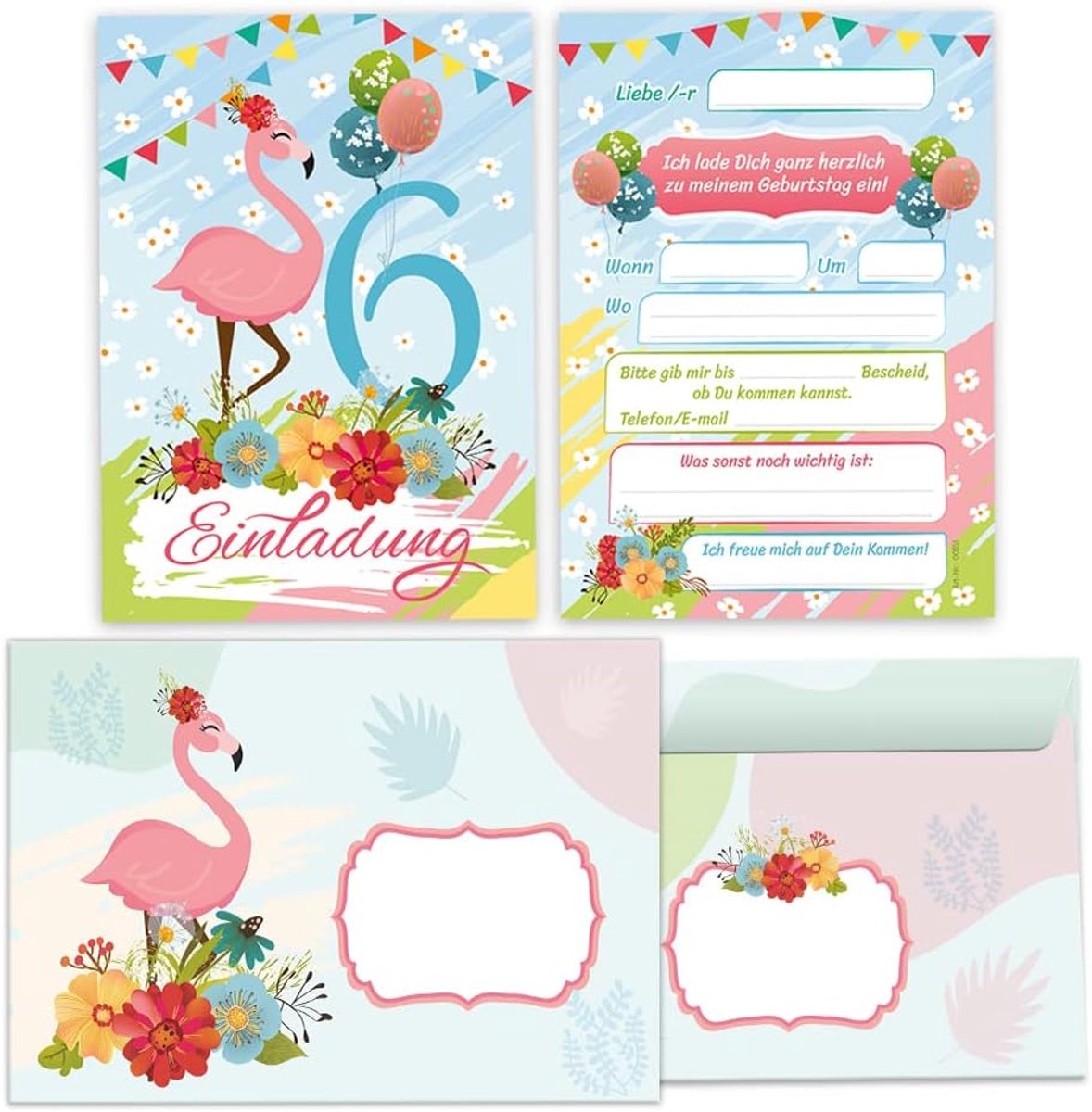 Uitnodigingskaarten 12 stuks - Flamingo thema - Inclusief enveloppen - Perfect voor 6e verjaardag meisje - ShopVlot