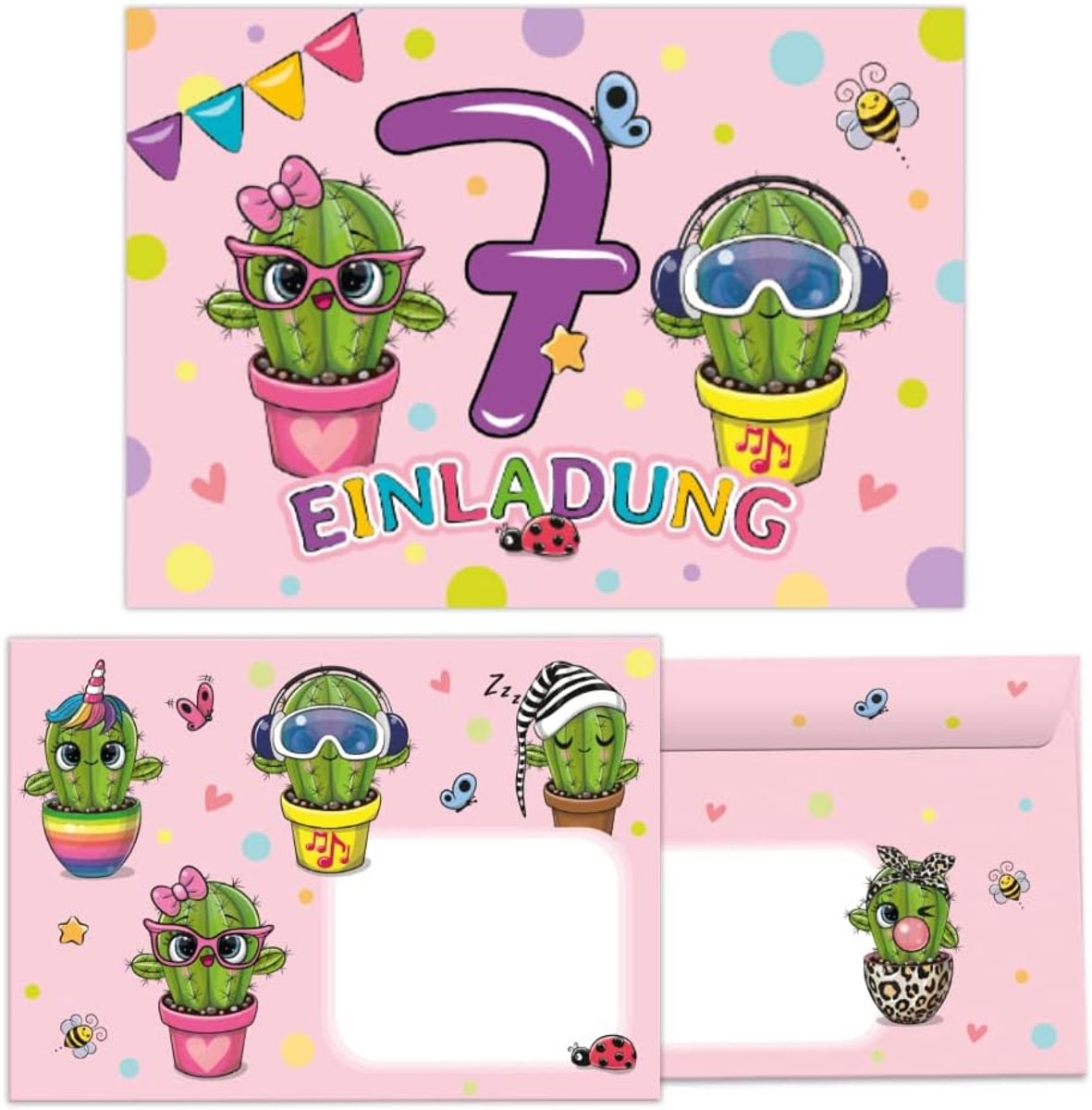 Uitnodigingskaarten 12 stuks - 7e verjaardag meisje - cactus design - inclusief enveloppen - ShopVlot
