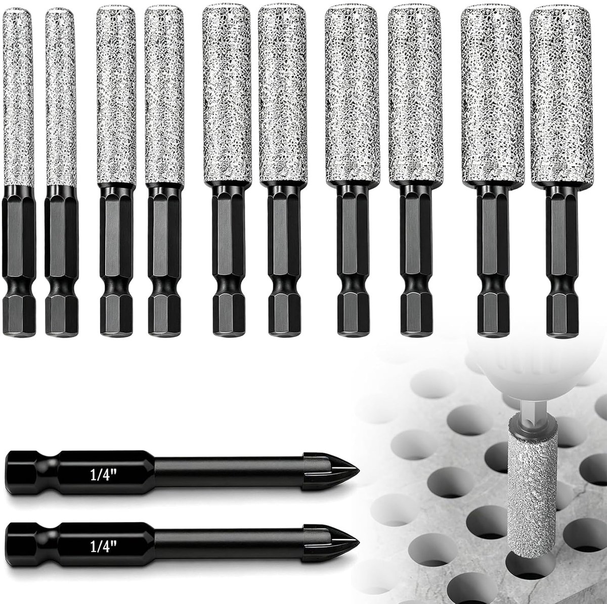 Boormachine set diamantboren 12st - 5/6/8/10/12 mm - keramisch en glas - snel wisselen met hex shank - ShopVlot