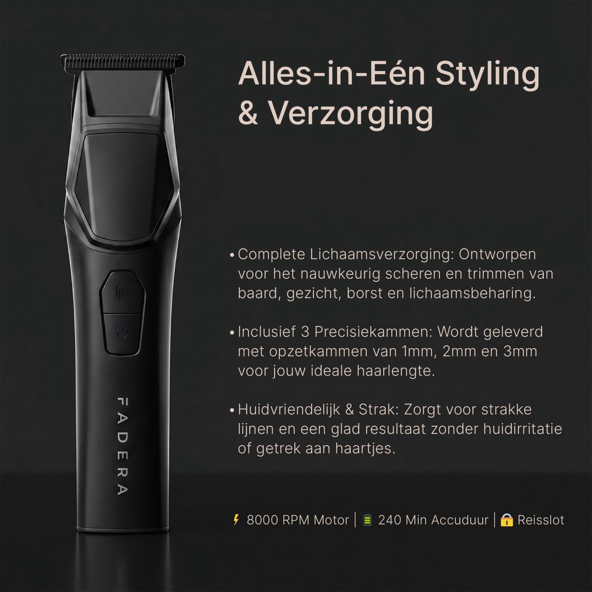 FADERA Professionele Baardtrimmer voor Mannen - 8000 RPM - DLC Messen - 240 Min Accuduur - USB-C - LED Display thumbnail 2