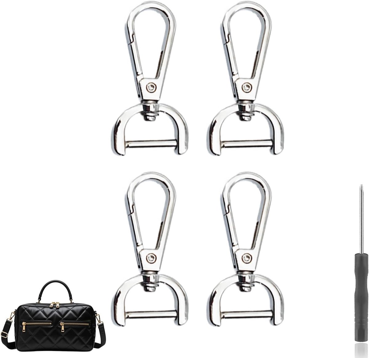 4 Pcs Carabiner Hooks with Swivel Joint, D-Ring Carabiner, Silver Keychain with 1 Screwdriver, Carabiner for Bags, DIY - ShopVlot