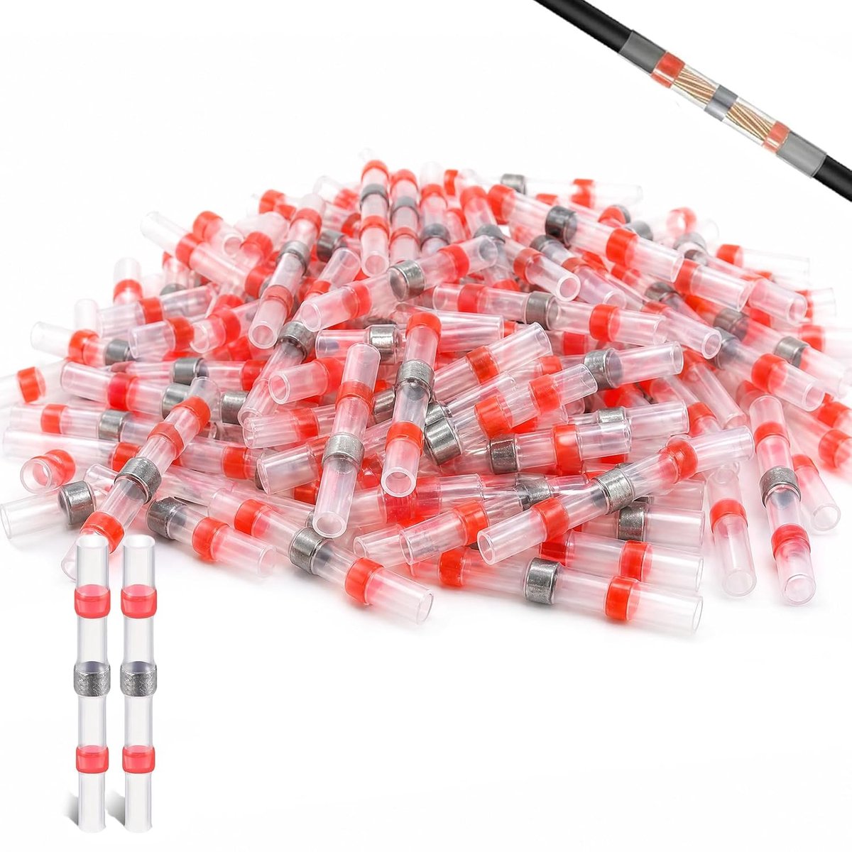 150 stuks 22-18 AWG soldeerverbinders met krimpkous, rood, waterdichte kabelconnectoren met soldeertin - ShopVlot