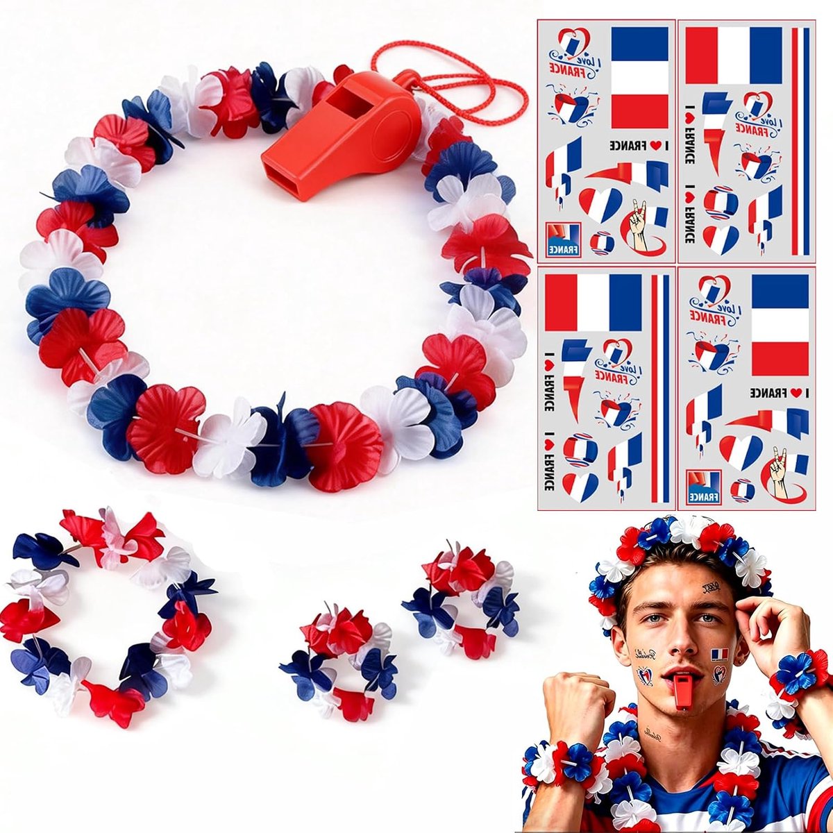 9 Pieces France Fan Articles, Football World Cup 2026, EM Football Party Decoration, Fan Package with Flower Chain - ShopVlot