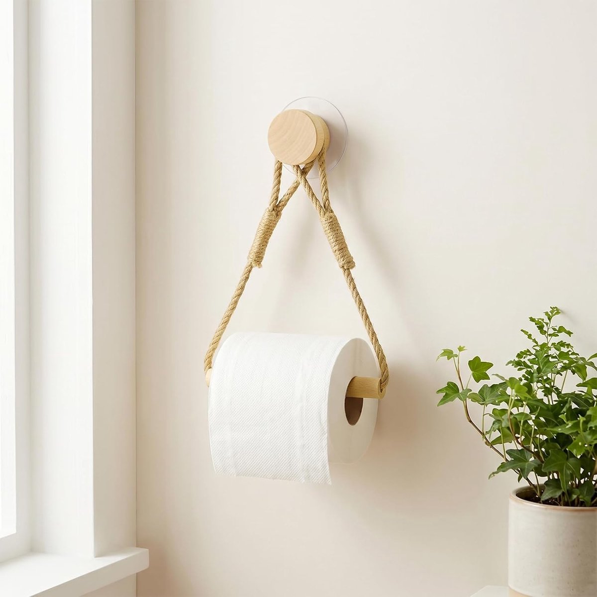 Rustic Toilet Paper Holder, Wood and Rope Toilet Paper Roll Holders with Self Adhesive Tape, Wall Mounted Creative - ShopVlot