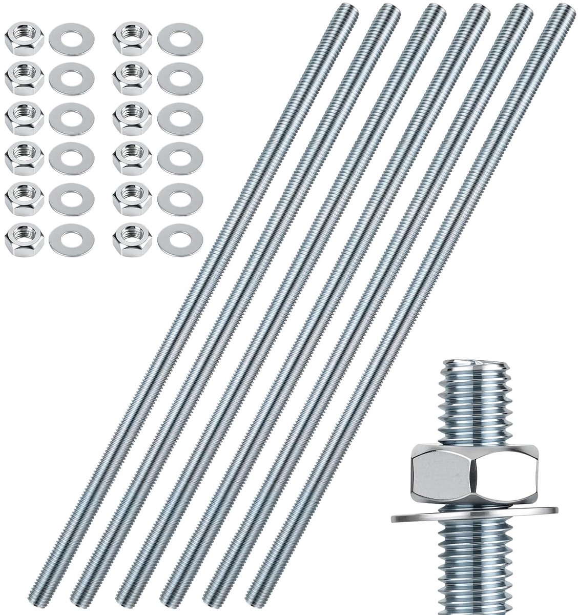6 stuks schroefdraadstang M10, M10 x 300 mm schroefdraadstang met 12 zeskantmoeren en 12 sluitringen, koolstofstaal - ShopVlot