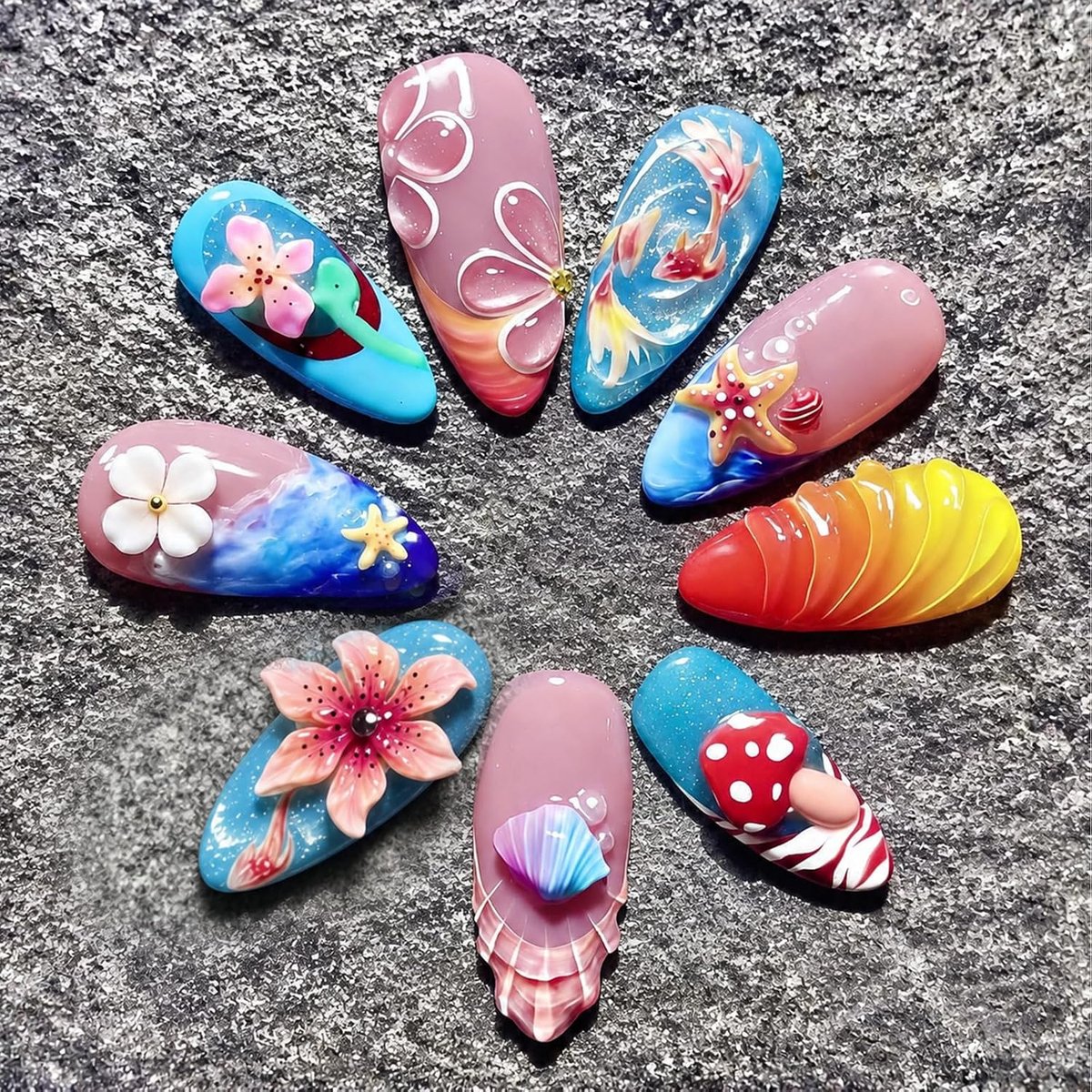 30 Pieces Almond Press-on Nails Summer 3D Flowers Koi Fish Artificial Nails Cat Eyes False Nails with Adhesive Pads - ShopVlot