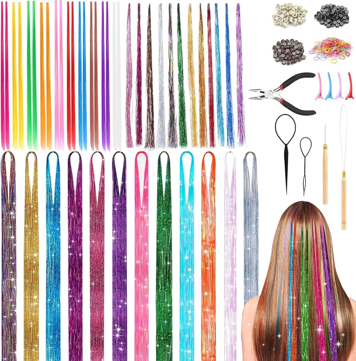 44 Glitter Hair Threads, 53 and 120 cm, Tinsel Hair with Tools, 34 Colours, Glitter Hair Strands, Glitter Hair Strands - ShopVlot