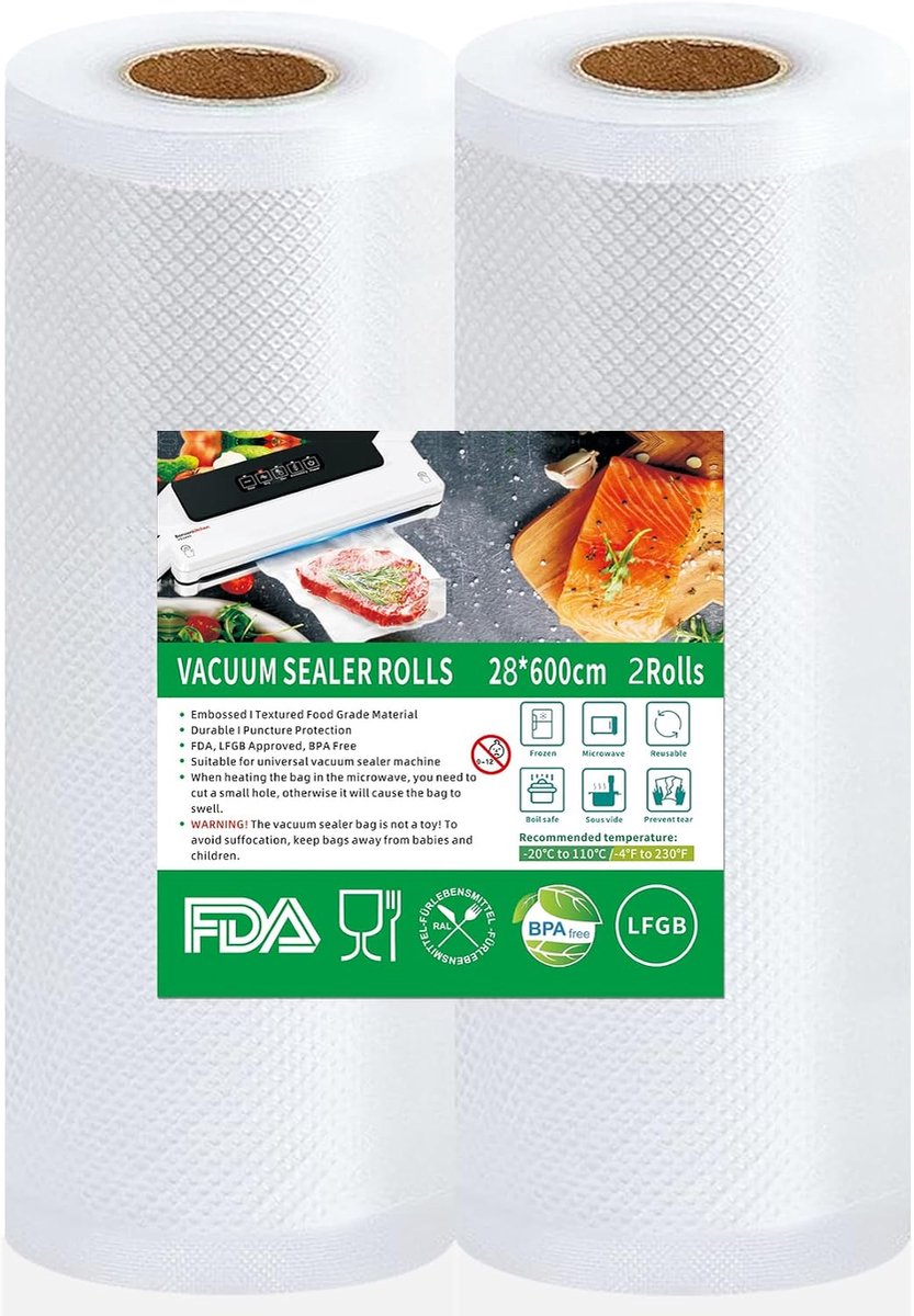Food Vacuum Bags, 2 Rolls Vacuum Bags, 28 x 600 cm, Vacuum Film, BPA Free, Tear-resistant, 150 µm, Vacuum Film Roll - ShopVlot